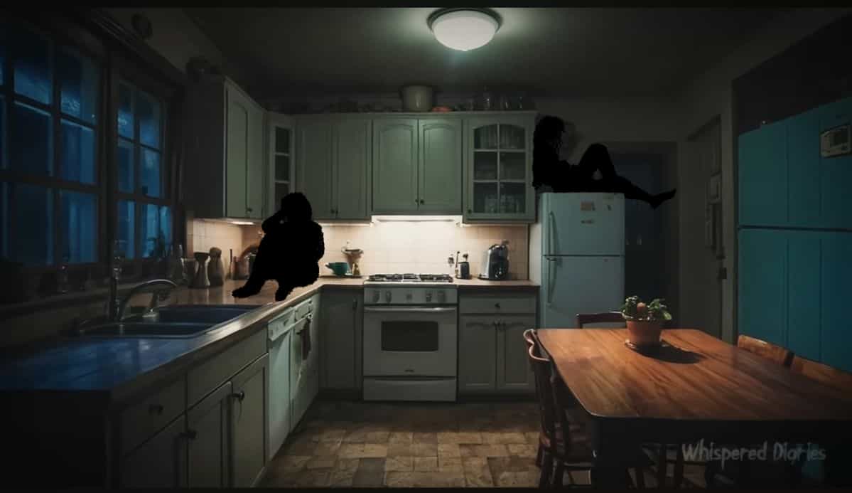 a dim-lit kitchen with black shilouettes sitting on the counter and refridgerator